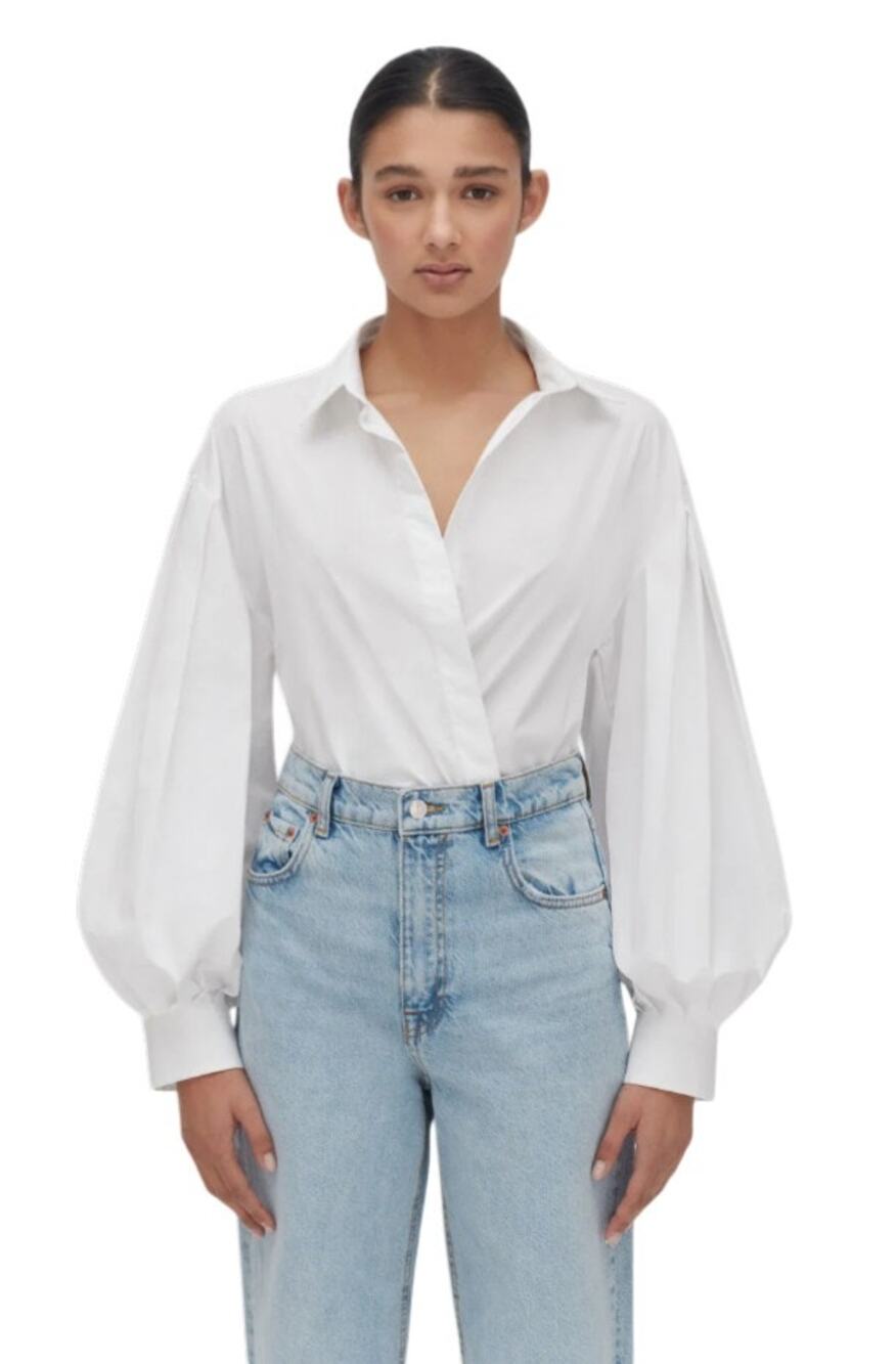 Cuyana White Organic Cotton Poplin Balloon Sleeve Button Down Shirt